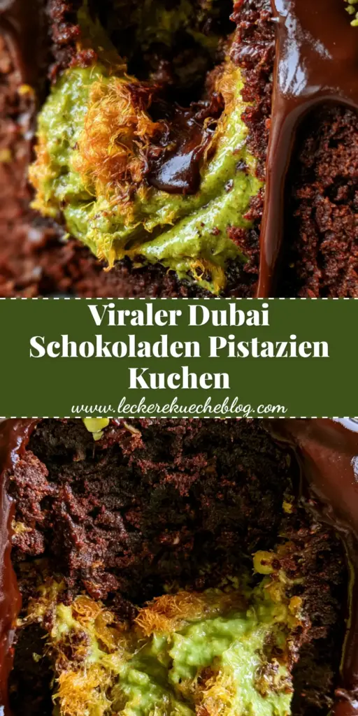 Ein dicker Anschnitt des Dubai Schokoladen-Pistazien-Kuchens mit fließender neongrüner Pistazien-Kataifi-Füllung und glänzender Schokoglasur.