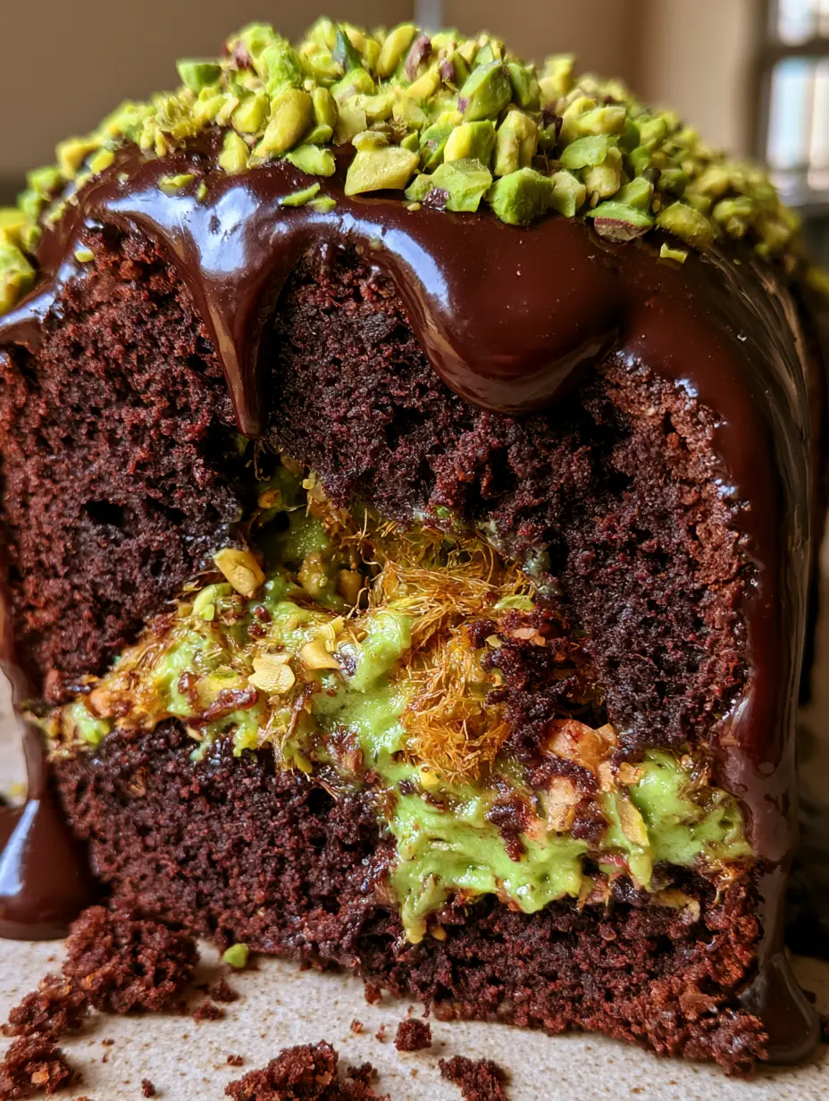 Nahaufnahme eines Kuchenschnitts: Dubai Schokoladen-Pistazien-Kuchen mit intensiv grüner Füllung und knusprigen Teigfäden.