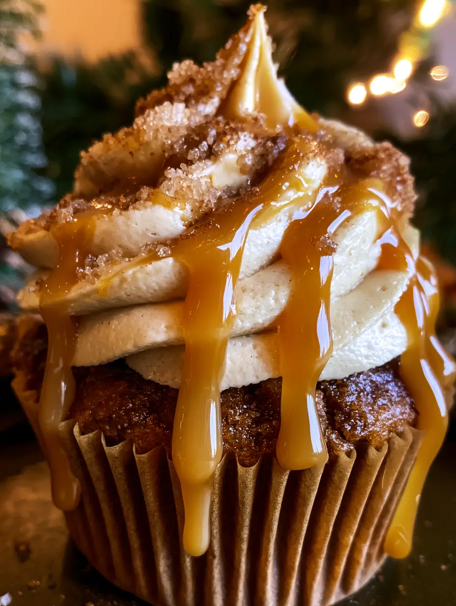 Ein einzelner Gourmet-Cupcake mit dunklem Lebkuchenteig, Espresso-Frosting und dickem Karamell-Drizzle. (lebkuchen-karamell-latte cupcakes)