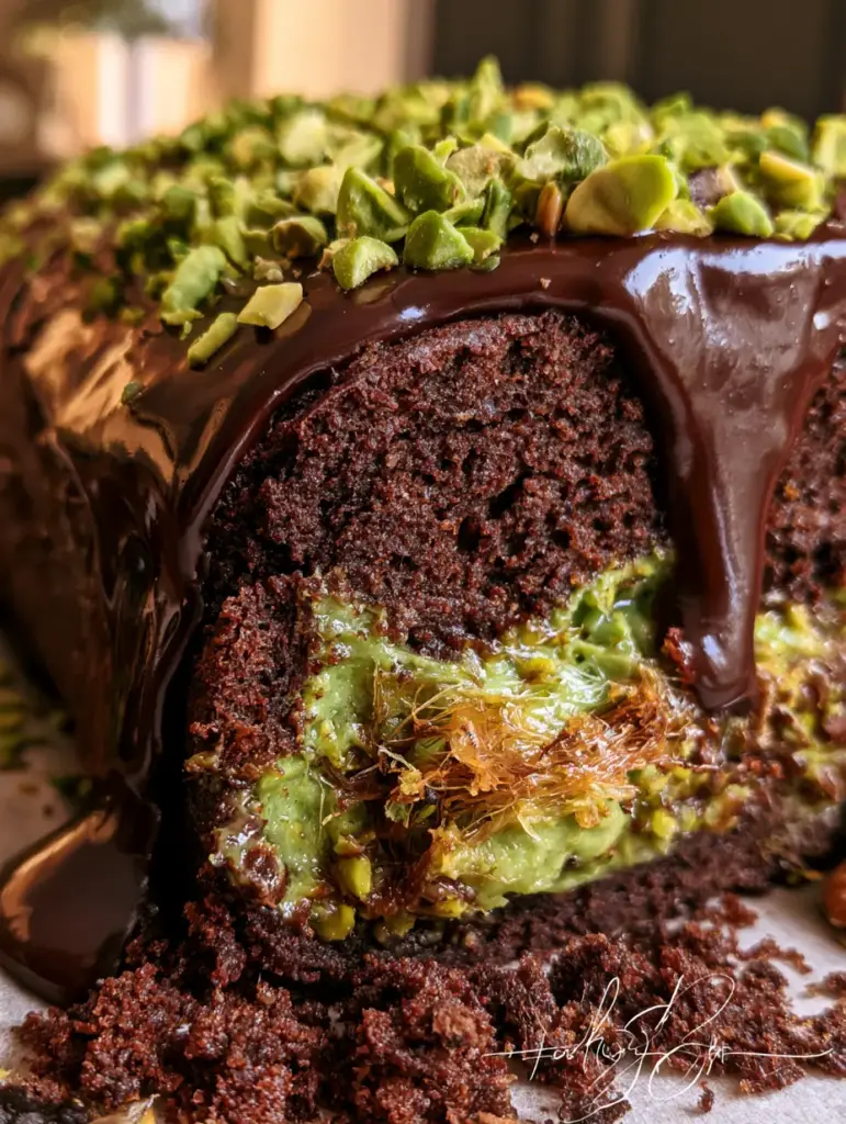 Draufsicht auf den Dubai Schokoladen-Pistazien-Kuchen mit tropfender Ganache und gehackten Pistazien.