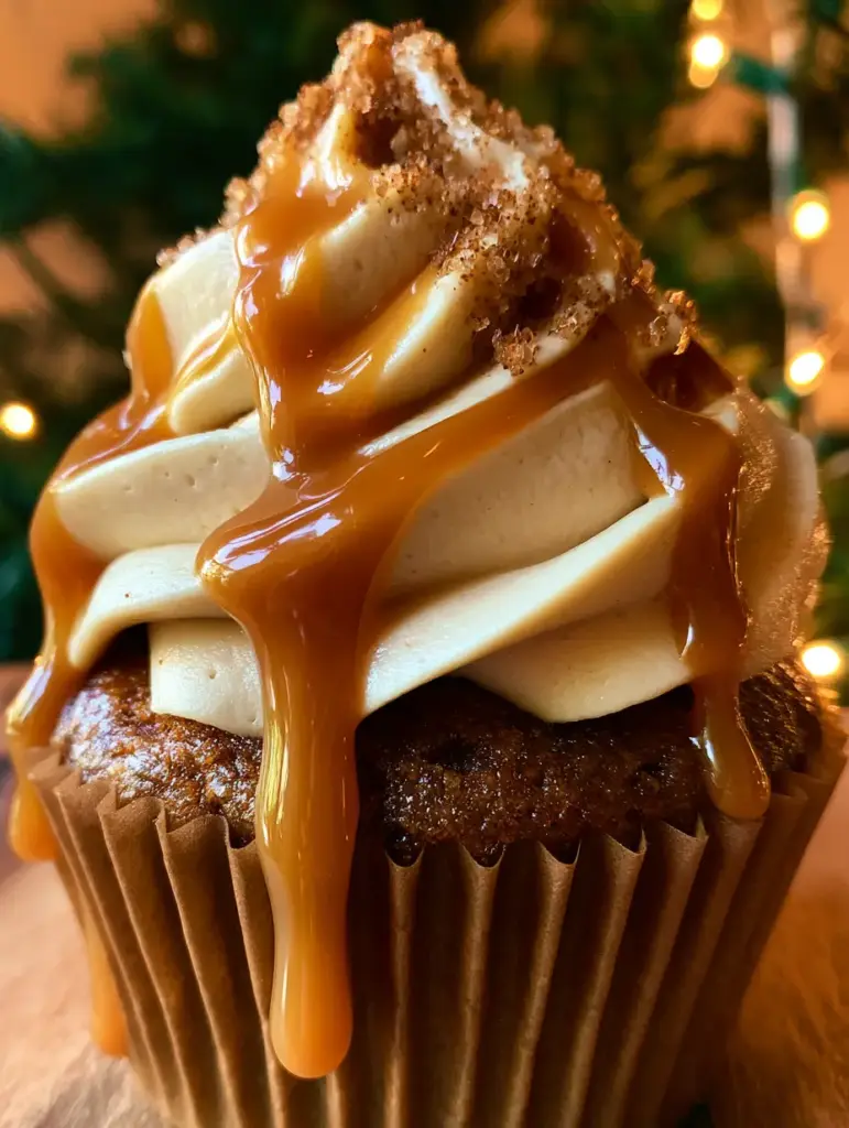 Makro-Aufnahme der cremigen Espresso-Buttercreme und der glänzenden Karamell-Textur auf den lebkuchen-karamell-latte cupcakes.
