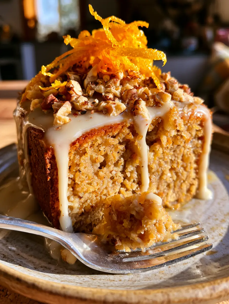 Orangen-Haselnuss-Kuchen: Das ultimative Rezept für ultra-saftigen Genuss 4 Nahaufnahme einer dicken Scheibe Orangen-Haselnuss-Kuchen mit cremiger Glasur. (orangen-haselnuss-kuchen)