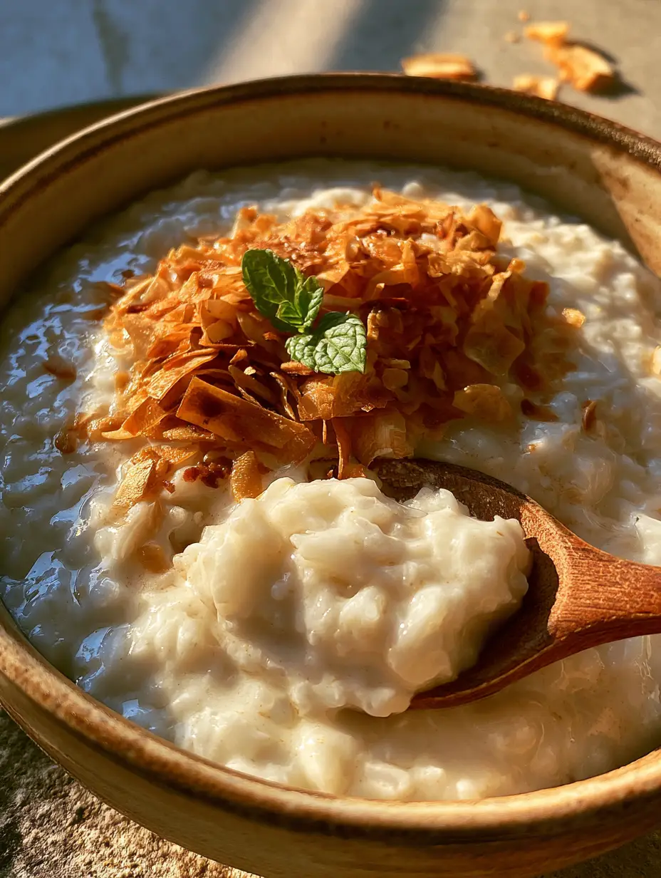 Kokos-Milchreis: Das ultimative Rezept für ultra-cremigen Genuss mit gerösteten Kokosflocken 3 Dampfender Kokos-Milchreis mit einem Holzlöffel in einer rustikalen Schüssel im Sonnenlicht. (kokos-milchreis)
