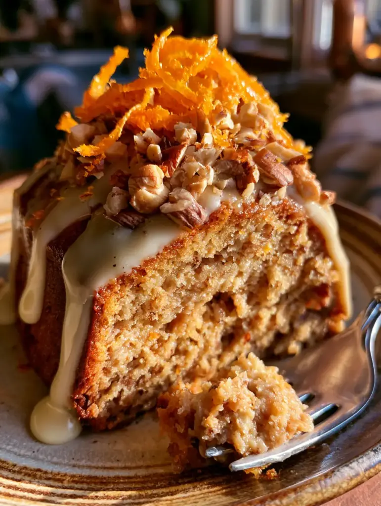 Orangen-Haselnuss-Kuchen: Das ultimative Rezept für ultra-saftigen Genuss 1 Ein angeschnittenes Stück Kuchen mit einer Silber-Gabel in einer gemütlichen Küche.