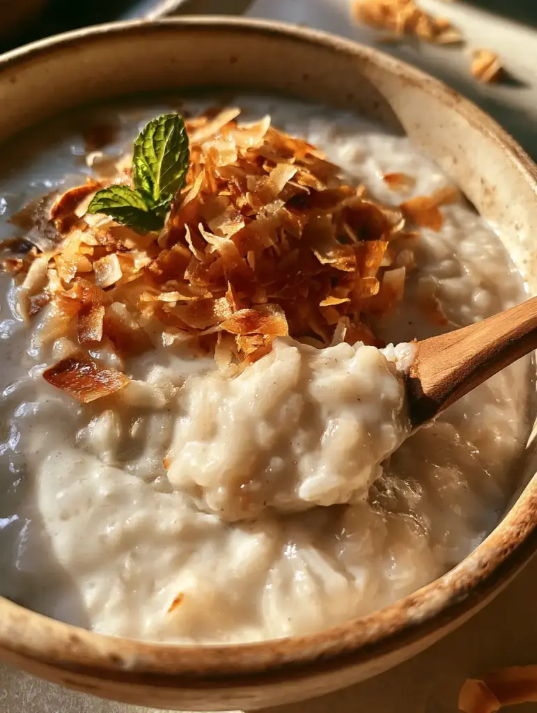 Kokos-Milchreis: Das ultimative Rezept für ultra-cremigen Genuss mit gerösteten Kokosflocken 1 Hochwinkelaufnahme von Kokos-Milchreis mit reichlich goldbraun gerösteten Kokosflocken.