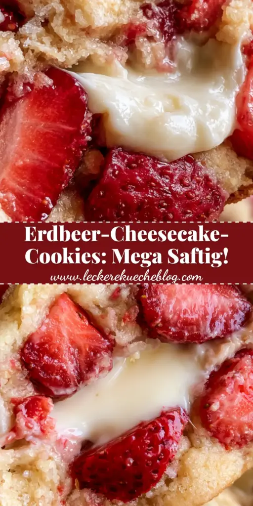 Nahaufnahme eines halbierten Erdbeer-Cheesecake-Cookies mit flüssigem Kern und frischen Erdbeeren. (erdbeer-cheesecake-cookies)
