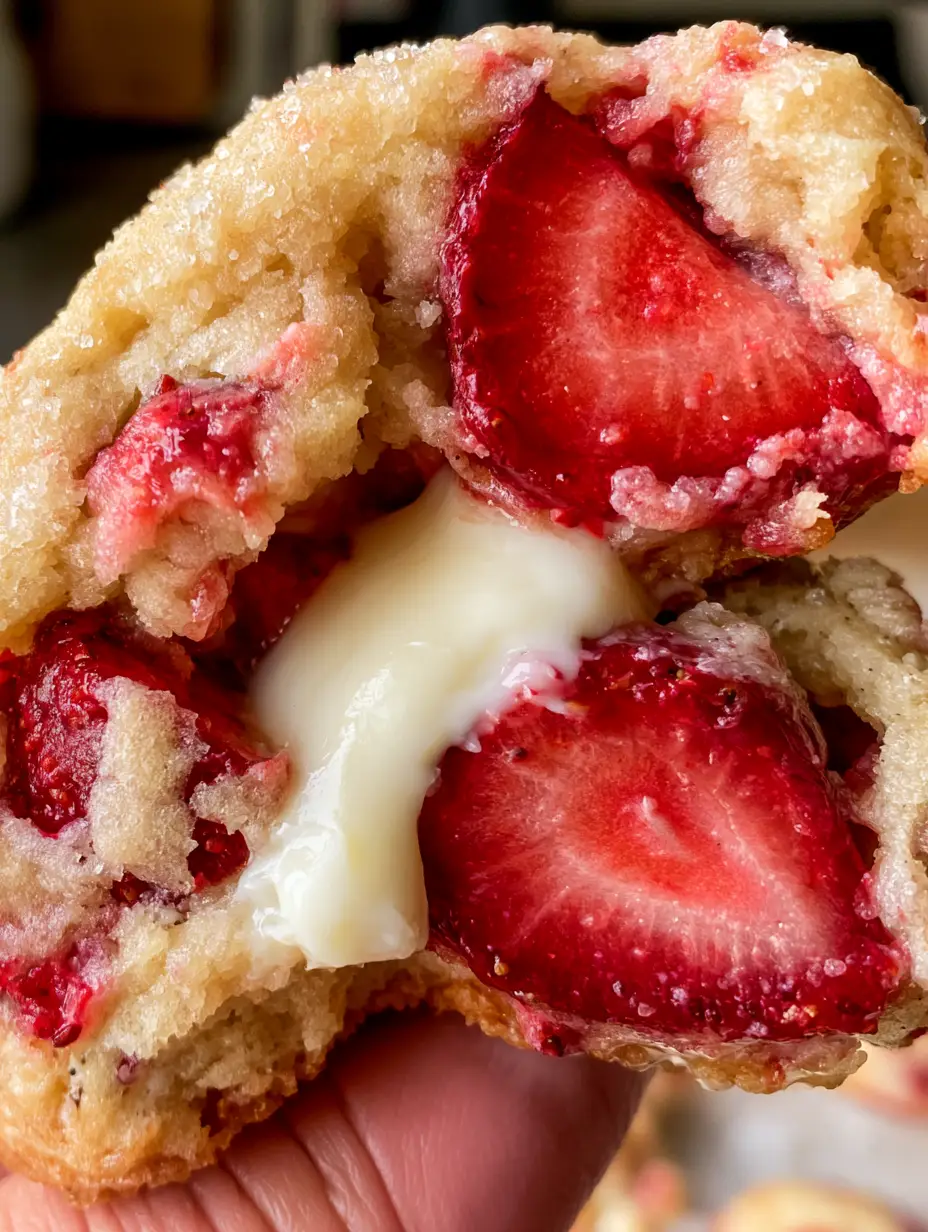 Ein warmer Erdbeer-Cheesecake-Keks wird auseinandergezogen, der weiße Kern ist sichtbar. (erdbeer-cheesecake-cookies)