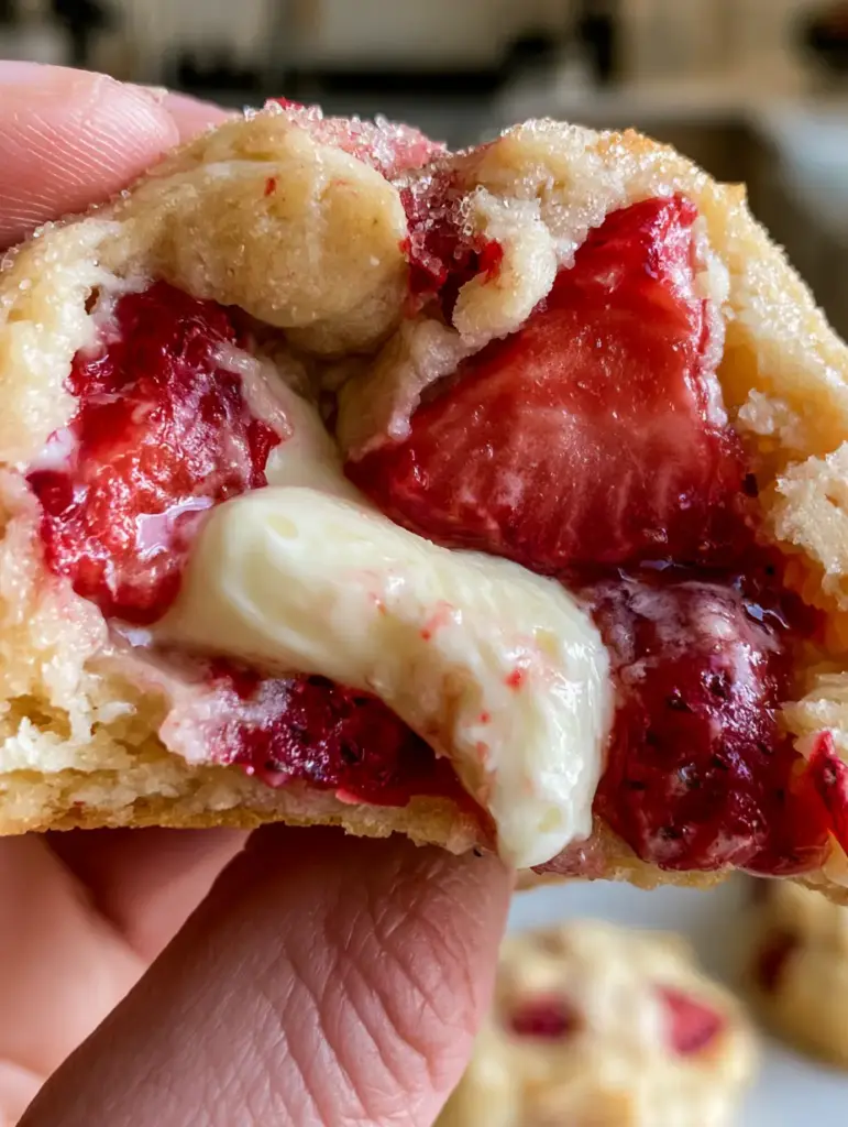 Draufsicht auf erdbeer-cheesecake-cookies mit glitzernden Zuckerkristallen auf Backpapier.