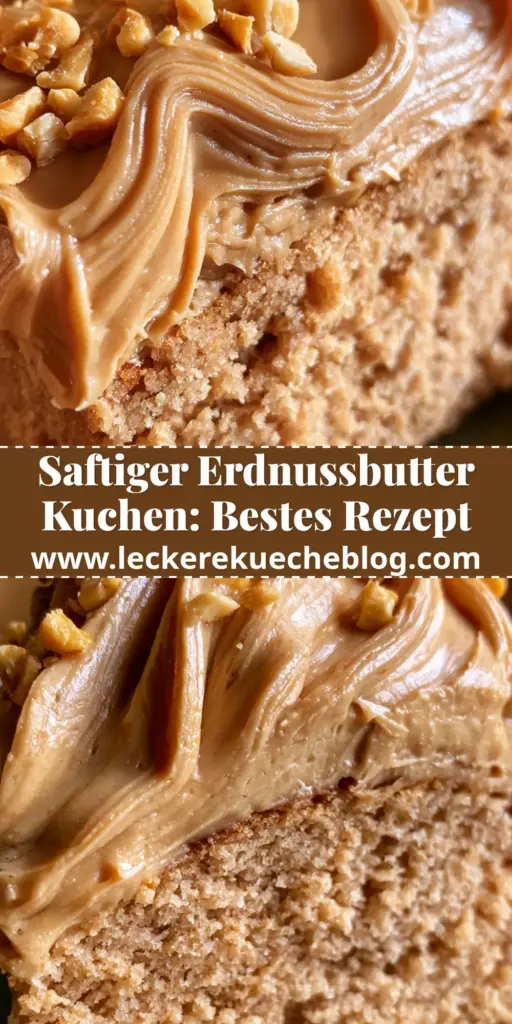 Ein dickes Stück Erdnussbutter-Kuchen mit dicken Wellen aus cremiger Buttercreme und gerösteten Erdnüssen auf einem rustikalen Teller. (erdnussbutter-kuchen)