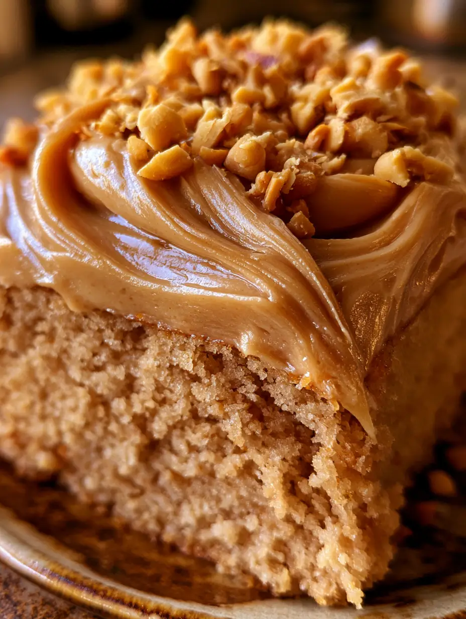Nahaufnahme der Textur des Erdnussbutter-Kuchens, zeigt die feuchte Krume und die glänzende Buttercreme. (erdnussbutter-kuchen)
