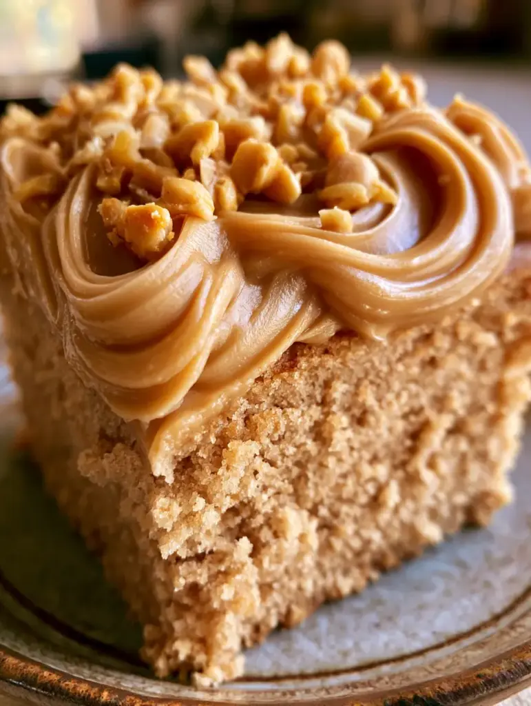 Seitenansicht eines Stücks Erdnussbutter-Kuchen im natürlichen Sonnenlicht, das die dicke Frosting-Schicht betont.