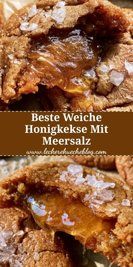 Nahaufnahme von frisch gebackenen Honigkeksen auf weißem Pergamentpapier mit Honig-Drizzle und Meersalzflocken. (honigkekse)