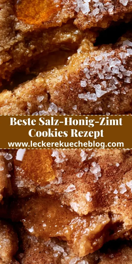 Ein durchgebrochener Salz-Honig-Zimt-Cookie mit weichem Kern, glänzendem Honig und Meersalzflocken auf rustikalem Backpapier. (salz-honig-zimt-cookies)
