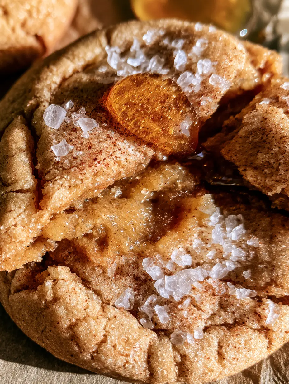 Nahaufnahme eines goldbraunen Salz-Honig-Zimt-Cookies mit tiefen Rissen, Honig-Drizzle und glitzerndem Meersalz. (salz-honig-zimt-cookies)