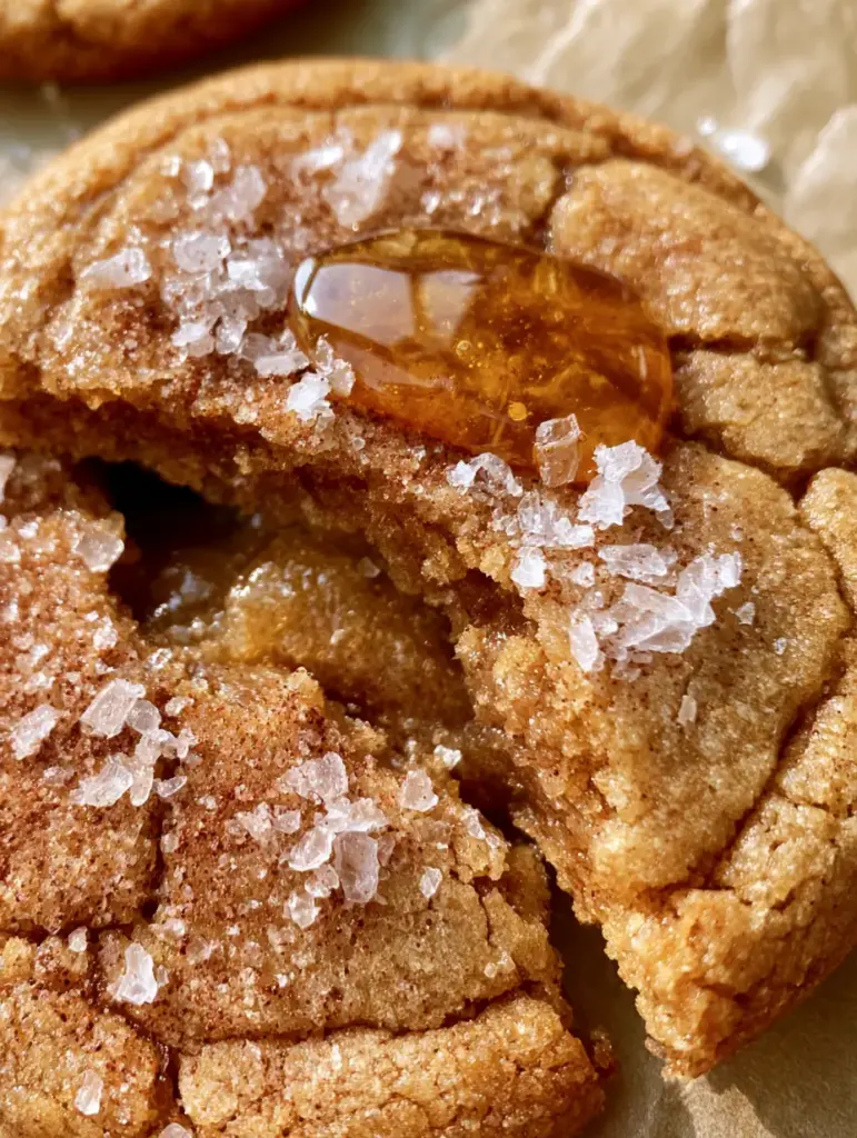 Zwei Hälften eines warmen Salz-Honig-Zimt-Cookies zeigen den weichen, klebrigen Kern und die zimtige Kruste.