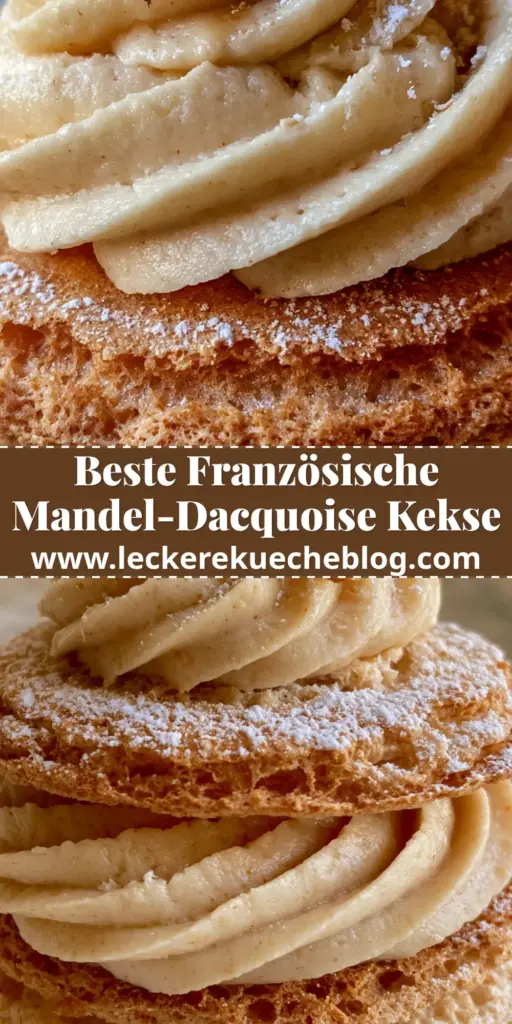Nahaufnahme einer Mandel-Dacquoise mit zwei Schichten Mandelbaiser und cremiger Füllung, bestäubt mit Puderzucker. (mandel-dacquoise)