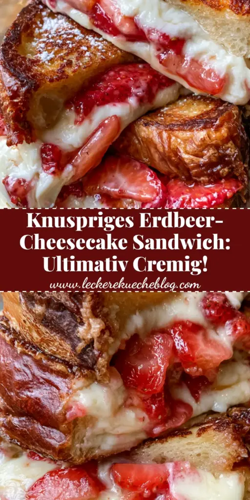 Gestapelte, goldbraun gebratene erdbeer-cheesecake-sandwiches auf einem rustikalen Holztisch mit Puderzucker bestäubt.