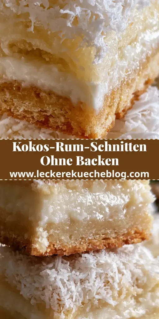 Ein Stapel saftiger Kokos-Rum-Schnitten in Nahaufnahme mit Puderzucker bestäubt.