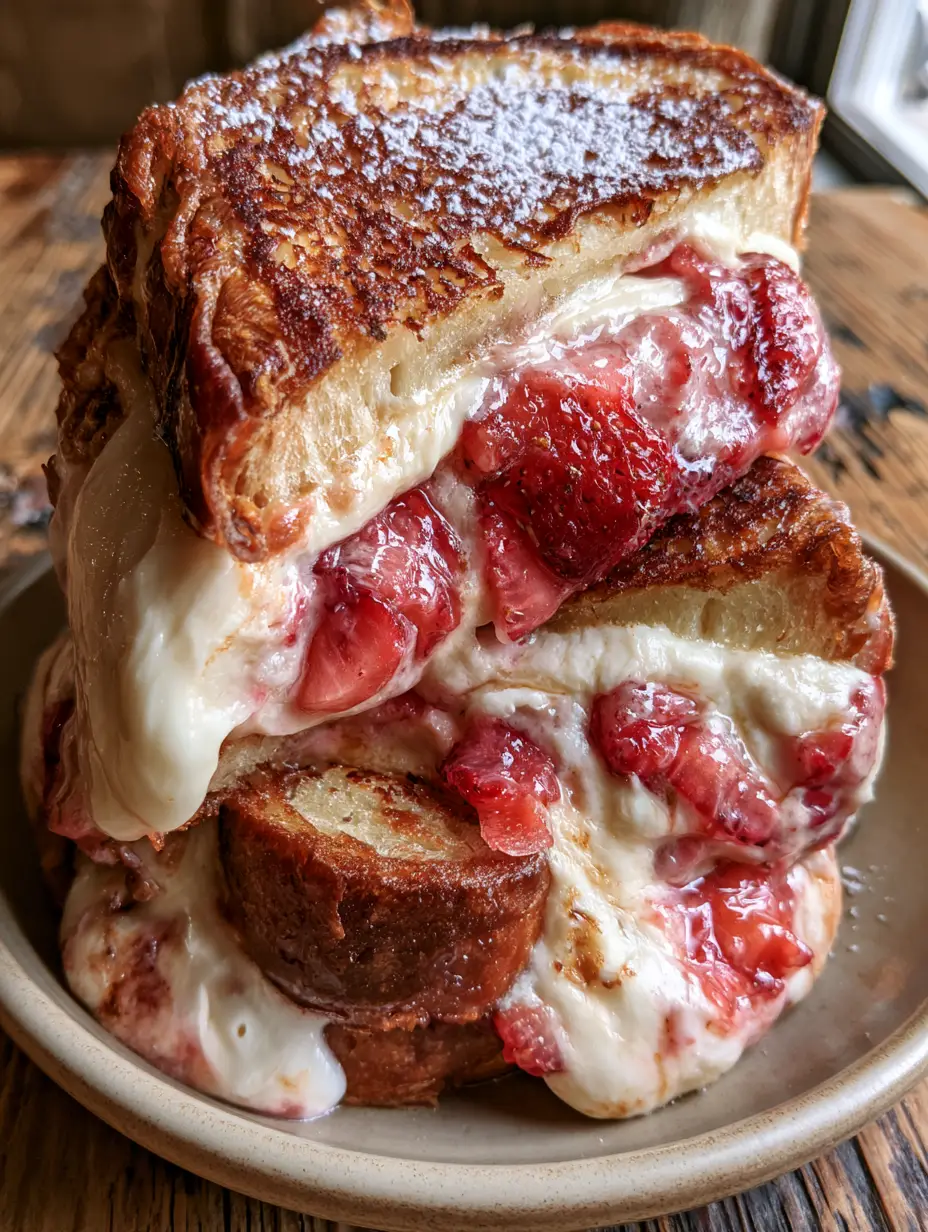 Nahaufnahme eines aufgeschnittenen erdbeer-cheesecake-sandwiches mit schmelzendem Frischkäse und glänzenden Erdbeeren.