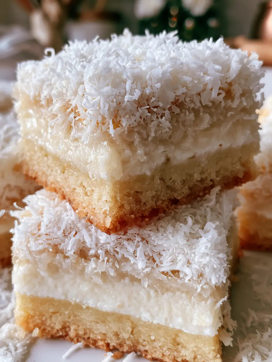 Nahaufnahme der drei Schichten der Kokos-Rum-Schnitten: Goldener Boden, weiße Creme, Kokosflocken.