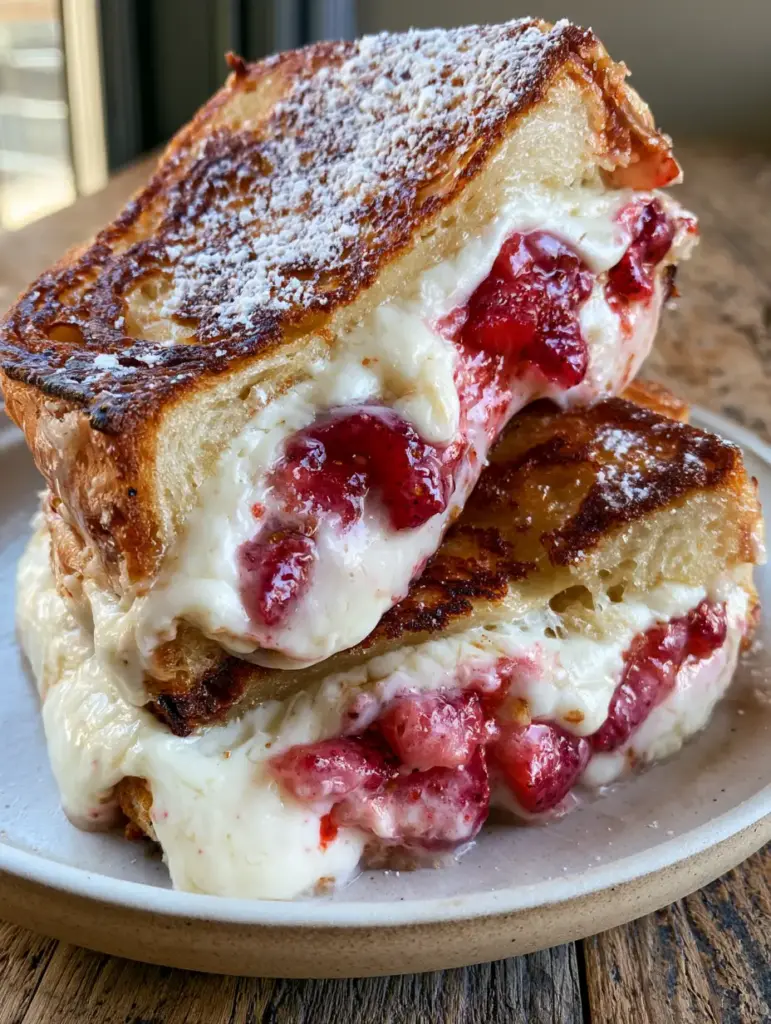 Ein Stapel gebratener erdbeer-cheesecake-sandwiches im weichen Morgenlicht auf einem Keramikteller.
