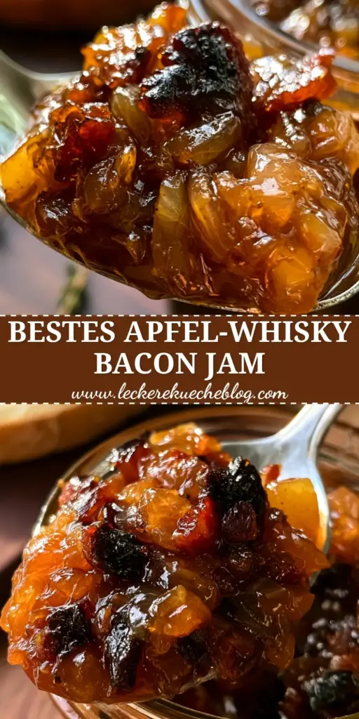 Nahaufnahme eines silbernen Löffels, der eine glänzende Portion Apfel-Whisky-Bacon-Jam aus einem Glas hebt. (apfel-whisky-bacon-jam)