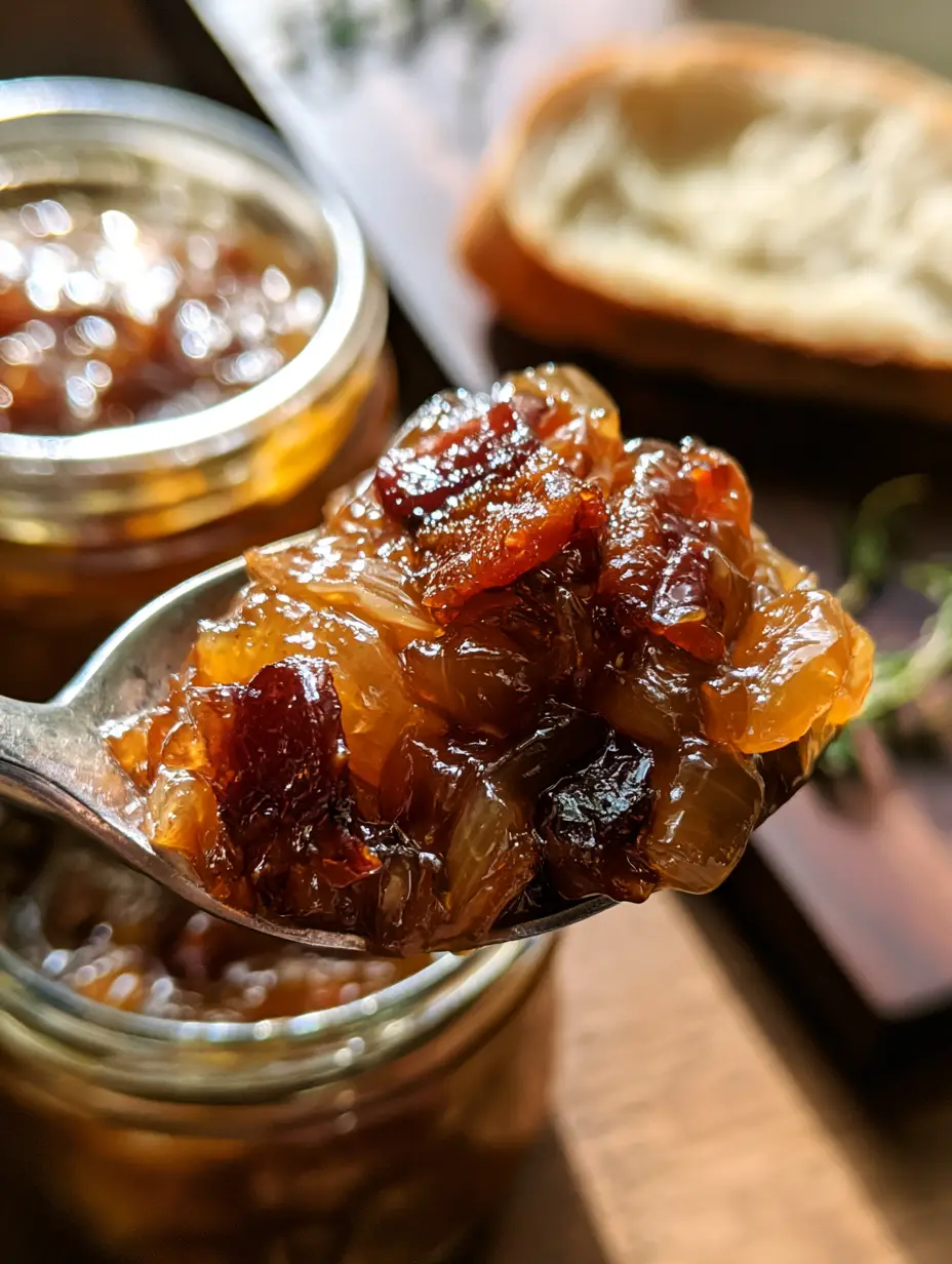 Makroaufnahme der Apfel-Whisky-Bacon-Jam mit Fokus auf die bernsteinfarbene Glasur und Speckstücke. (apfel-whisky-bacon-jam)