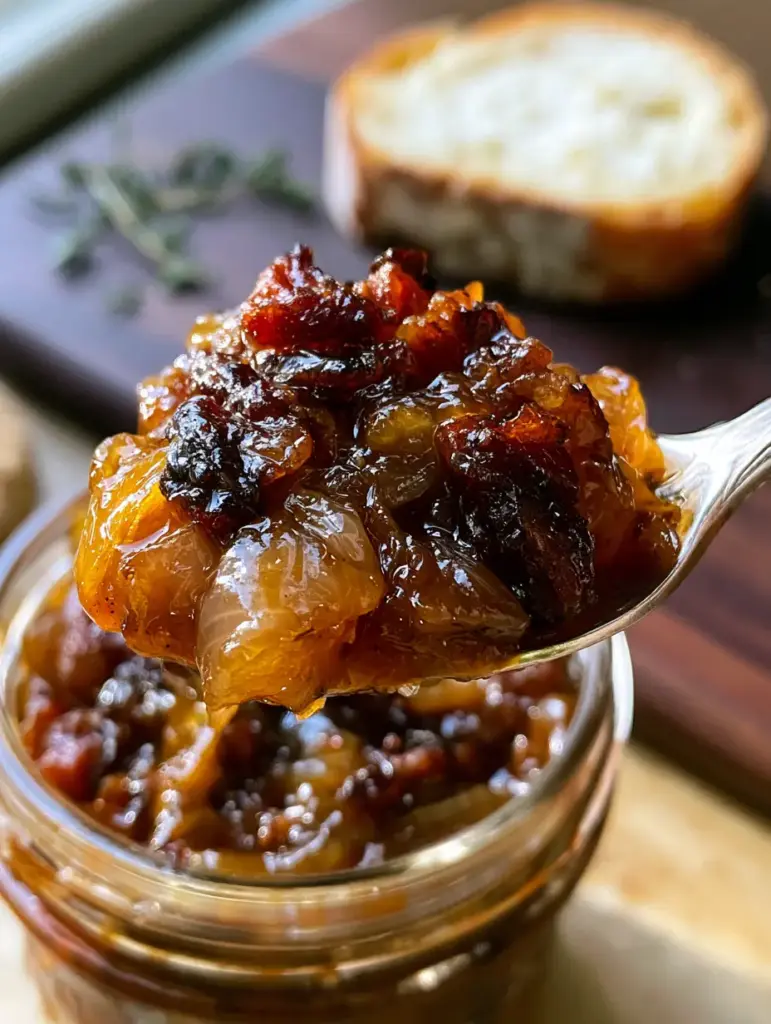 Rustikales Setting mit Apfel-Whisky-Bacon-Jam im Glas und geröstetem Brot im Hintergrund.