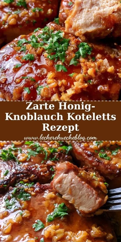 Drei dicke slow cooker schweinekoteletts mit glänzender Honig-Knoblauch-Glasur auf einem rustikalen Teller.