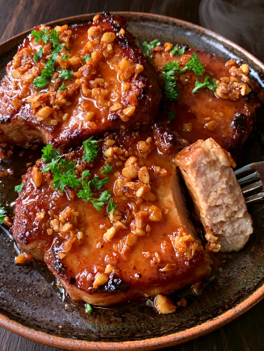 Nahaufnahme von slow cooker schweinekoteletts mit einer Gabel, die ein saftiges Stück Fleisch herauszieht.