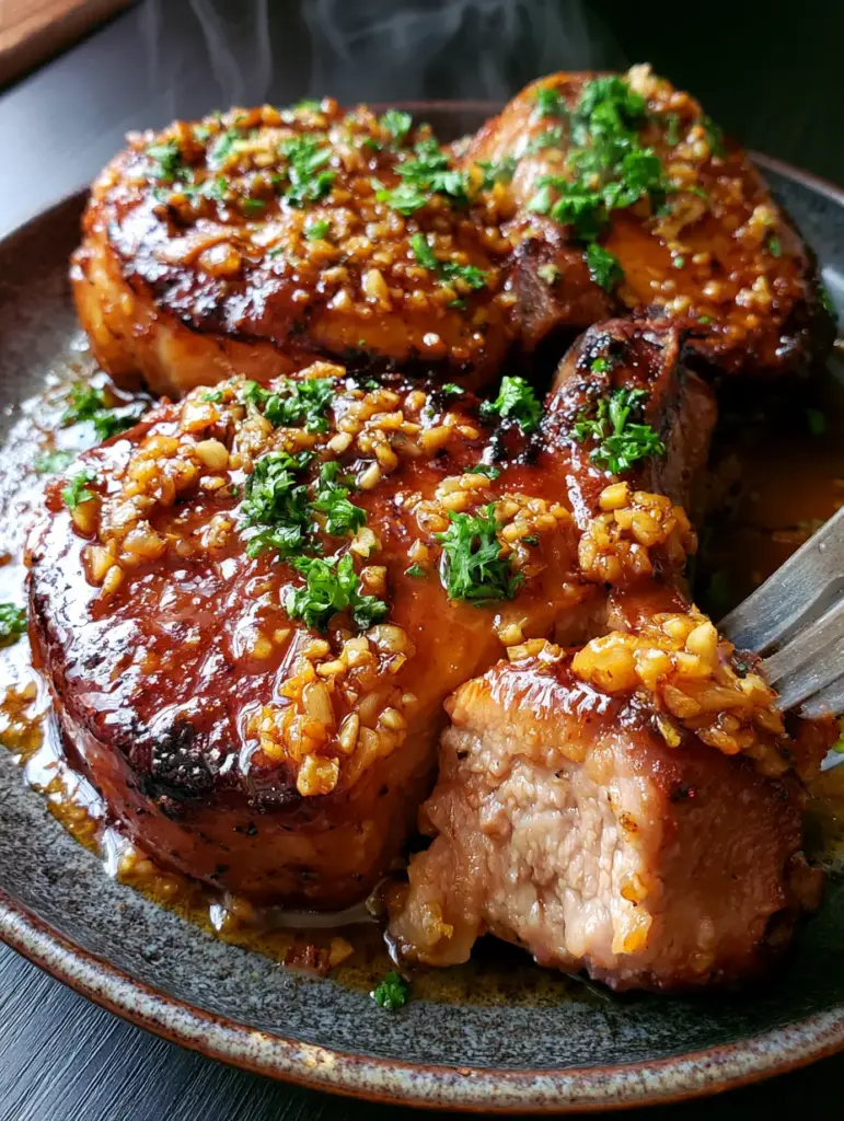 Rustikaler Teller mit drei slow cooker schweinekoteletts, bedeckt mit Petersilie und frittiertem Knoblauch.