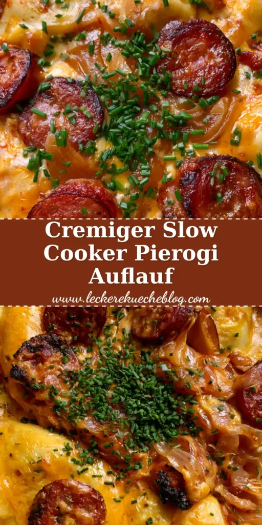 Pierogi-Kielbasa-Auflauf: Das ultimative herzhafte Comfort Food aus dem Slow Cooker 4 Nahaufnahme von oben: Pierogi-Kielbasa-Auflauf mit geschmolzenem Käse und frischem Schnittlauch im Slow Cooker.
