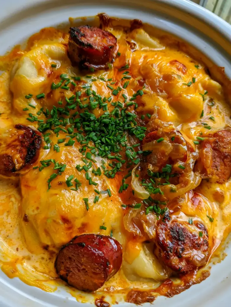 Pierogi-Kielbasa-Auflauf: Das ultimative herzhafte Comfort Food aus dem Slow Cooker 2 Rustikaler Pierogi-Kielbasa-Auflauf in einem weißen Keramiktopf mit goldgelber Käsekruste.