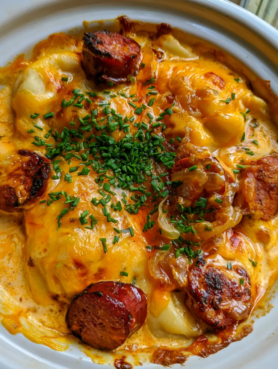 Pierogi-Kielbasa-Auflauf: Das ultimative herzhafte Comfort Food aus dem Slow Cooker 3 Rustikaler Pierogi-Kielbasa-Auflauf in einem weißen Keramiktopf mit goldgelber Käsekruste.