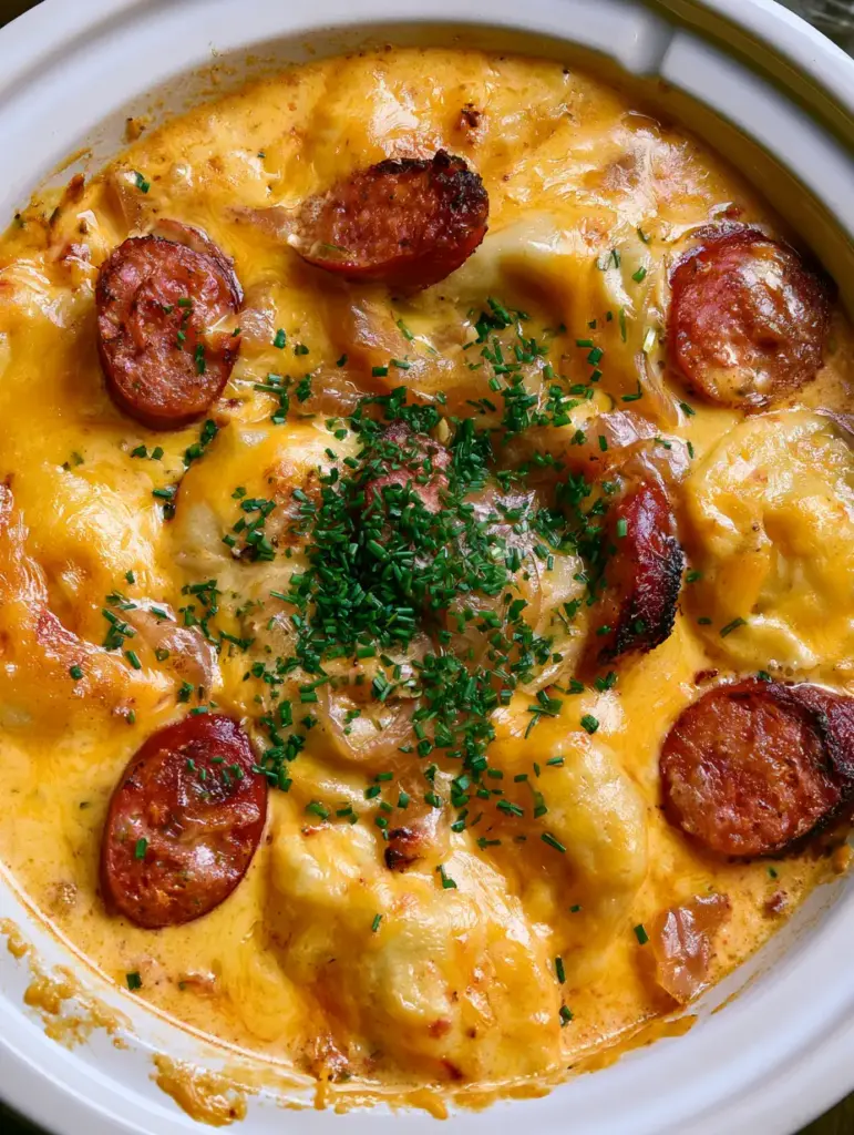 Pierogi-Kielbasa-Auflauf: Das ultimative herzhafte Comfort Food aus dem Slow Cooker 1 Draufsicht auf cremigen Pierogi-Kielbasa-Auflauf mit karamellisierten Zwiebeln und knuspriger Wurst.