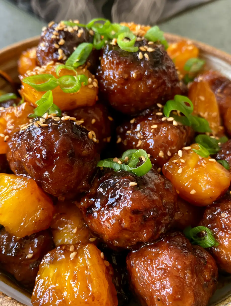 Slow cooker teriyaki-hackbällchen: Das ultimative Rezept für saftige Fleischbällchen mit Ananas 3 Extreme Nahaufnahme von dunklen, glänzenden Fleischbällchen mit Frühlingszwiebeln und Sesam. (slow cooker teriyaki-hackbällchen)
