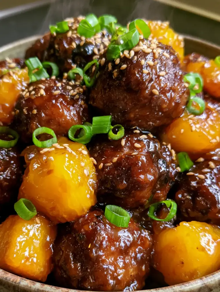 Slow cooker teriyaki-hackbällchen: Das ultimative Rezept für saftige Fleischbällchen mit Ananas 1 Saftige gelbe Ananasstücke neben dunkel glasierten Fleischbällchen in einer Keramikschüssel.