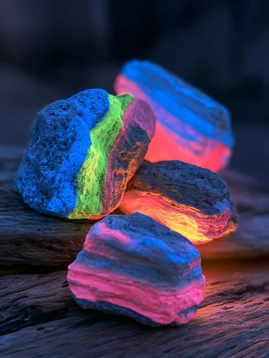 Mondsteine basteln: DIY-Anleitung für magisch leuchtende Galaxie-Steine 3 Nahaufnahme von porösen Steinen mit Neon-Farbschichten in Blau und Pink, die im Dunkeln hell leuchten. (mondsteine basteln)