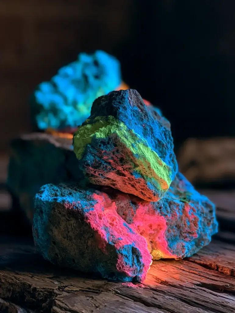 Mondsteine basteln: DIY-Anleitung für magisch leuchtende Galaxie-Steine 1 Handgehaltenes Foto von hell leuchtenden Steinen in Limettengrün und Blau auf einer Holzunterlage. (mondsteine basteln)